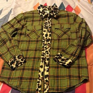 Leopard Trim Green Plaid Flannel